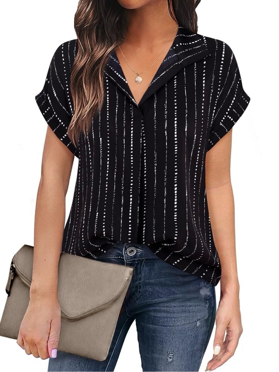 Tops - Women’s Black Striped Short Sleeve V-Neck Top